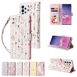 เคสโทรศัพท์หนัง ฝาพับ ลายดอกไม้น่ารัก พร้อมช่องใส่บัตร และสายคล้อง สําหรับ Samsung A33 A53 A12 A32 S22+ S22 Plus Ultra 4G 5G