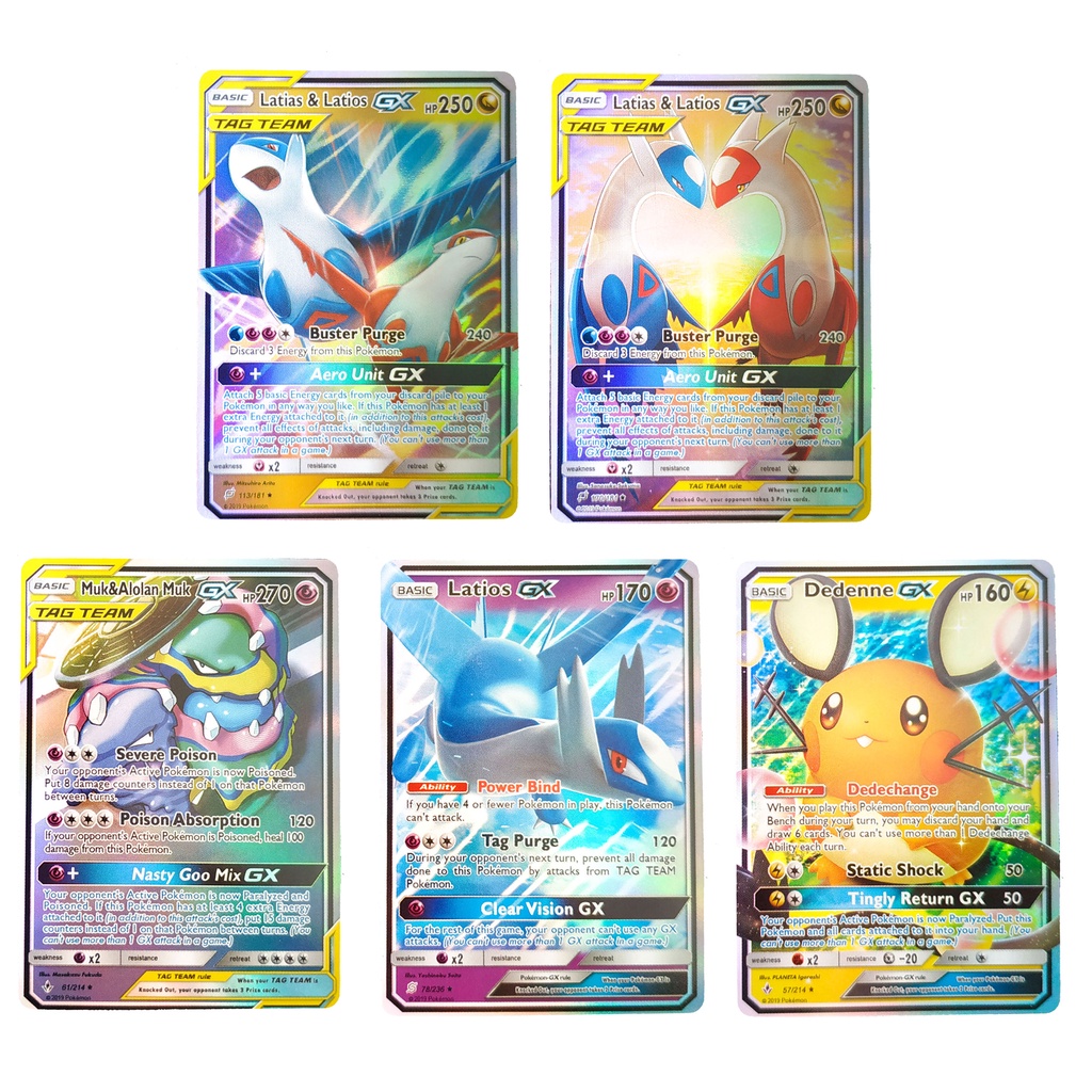 Pokemon Card Tag Team & GX ชุด 5 ใบ Latias & Latios, Muk & Alolan Muk, Dedenne การ์ดภาษาอังกฤษ Shini