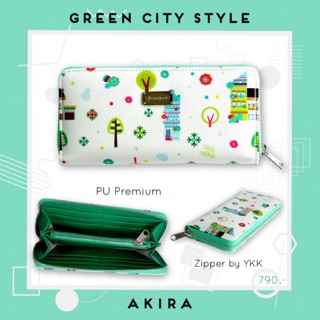 Wallet กระเป๋าสตางค์ใบยาว รุ่น Akira green city pattern/deep green