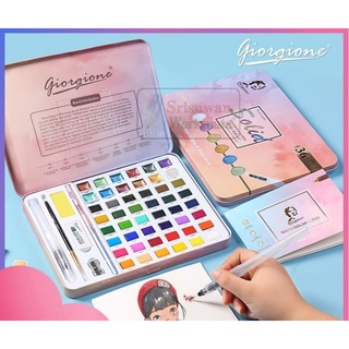 GIORGIONE สีน้ำ เซ็ทใหญ่ 48 สี เพิ่มสี Metallic Watercolour Set ชุดสีน้ำกล่องเหล็กสีชมพู พร้อมพู่กันแท้งค์ No.G-ZG48