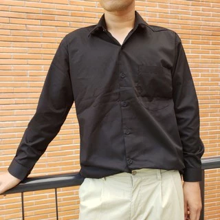 เสื้อเชิ้ตแขนยาว ผู้ชาย คอปกมีกระดุม ทรงตรง สีดำ (Black) ผ้าคอมพ์ทวิว(Comb Twill) คนอ้วน ตัวใหญ่มีไซส์ (M-6XL)