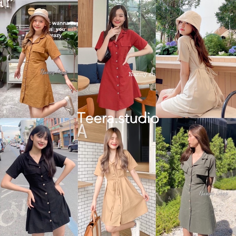 Teera พร้อมส่ง Mochi dress เดรสคอปกฮาวายผ้าลินิน แต่งกระเป๋า2ข้างใช้ได้จริง ป้ายNanny