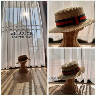 BOATER HAT Brown สายรัดสีเขียวคาดแดง 57-58 cm.