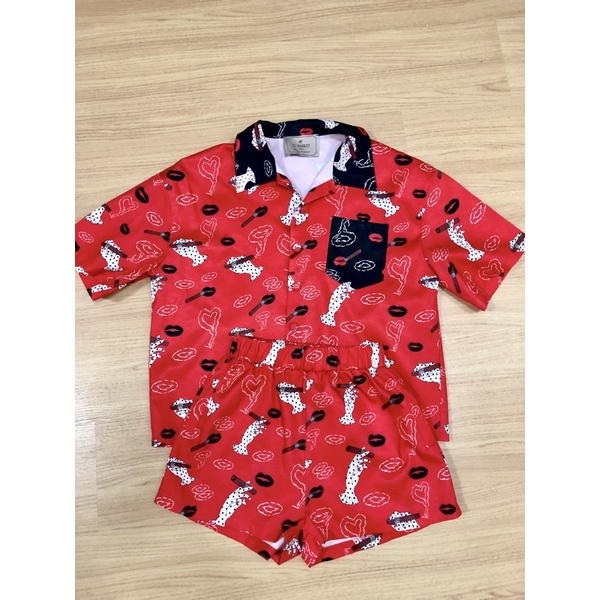 เซทขาสั้นสีแดงแต่งลาย งานป้า x2market