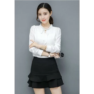 Kemeja perempuan เสื้อชีฟอง พลัสไซซ์ สีขาว ผูกโบว์ สําหรับผู้หญิง