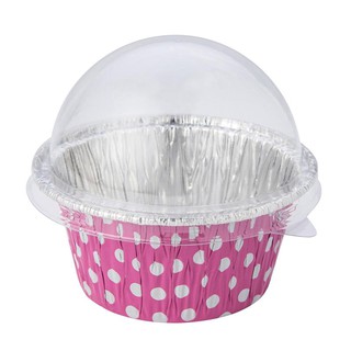 ถ้วยฟอยล์จุดชมพู+ฝาโดม (แพ็ค10ชิ้น) S&amp;S 3003 Pink dot foil cups + dome lids (pack of 10) S&amp;S 3003