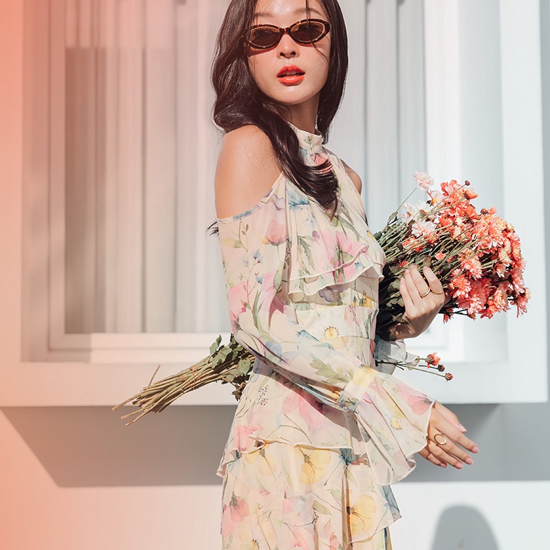Icyicy Iris Lemon Dress เดรสชีฟองเปิดไหล่ ลายดอก สีเหลืองเลมอน  #DI14102 งานแต่ง งานเลี้ยง กระโปรงสั้น