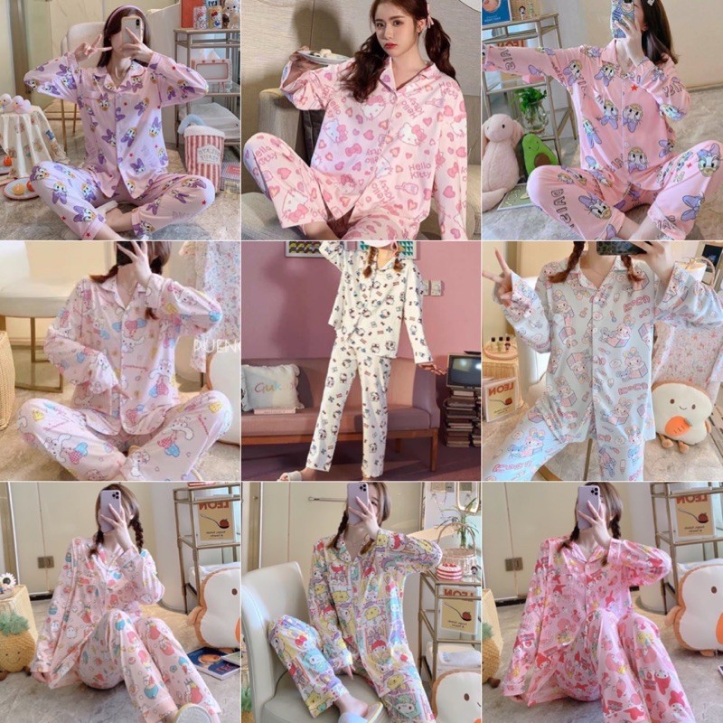 พร้อมส่ง ชุดนอนเสื้อคอปกแขนยาวกับกางเกงขายาว ลายคิตตี้ ลายมายเมโลดี้ สาวก sanrio และลิตเติ้ลทวินสตาร์ โทนชมพูหวาน