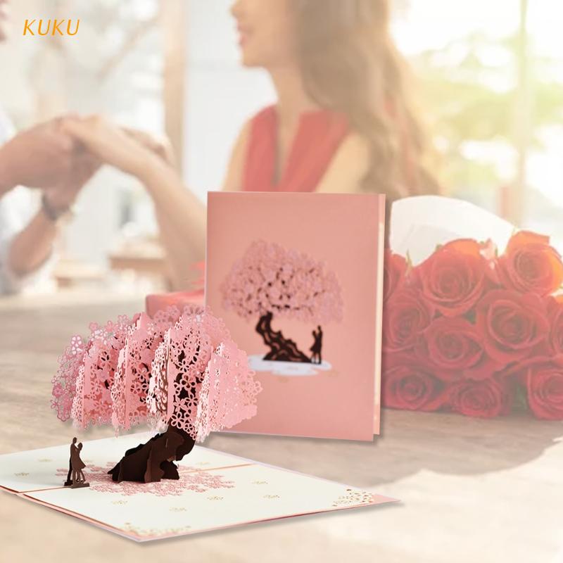 [KU] 3D Pop Up Couple Peach Blossom Greeting Card Vlanetines Day Cards with Envelope for Wedding Bir