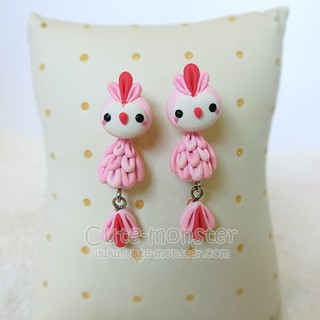 ต่างหูดินปั้น นกสีชมพู Pink Bird Earrings