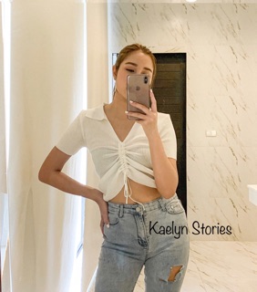 ⭐️พร้อมส่ง⭐️ เสื้อยืดกึ่งครอปผูกหน้า (Free size)