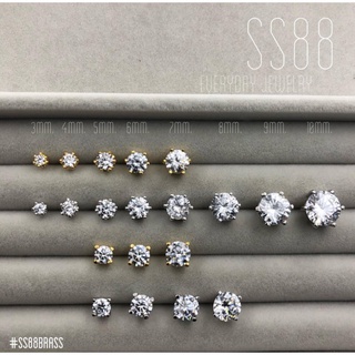 SS88Jewelry ต่างหูเพชรเม็ดเดี่ยว ขนาด2-6 มิล 6 เตย ตัวเรือนทองเหลือง ชุบทองคำขาวแท้ ฝังมือทุกเม็ด รูปถ่ายจากสินค้าจริง