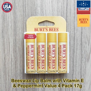 Burts Bees® Beeswax Lip Balm with Vitamin E &amp; Peppermint Value 4 Pack 17g เบิร์ตส์บีส ลิปบาล์ม ผสมวิตามินอี แพ็ค 4 ชิ้น