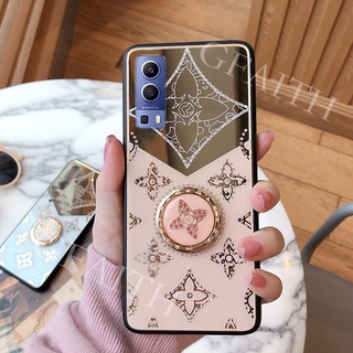 เก็บเงินปลายทาง COD เคส VIVO Y72 5G Phone Casing Ins Luxury Fashion Diamond Clover Acrylic Cases 3D Ring Holder Bracket Back Cover เคสโทรศัพท์ VIVOY72