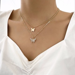 สร้อยคอผีเสื้อเลเยอร์ 2pcs rhinestone butterfly charm necklace