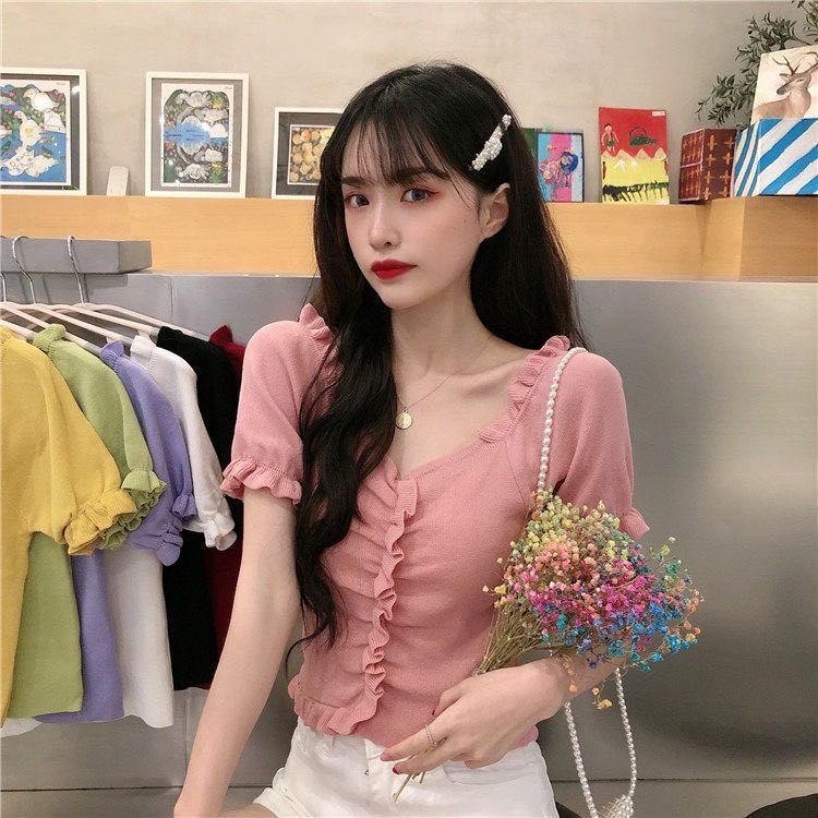 [DODO] พร้อมส่ง เสื้อครอปแขนสั้นไหมพรมปาดไหล่/ใส่เป็นปาดไหล่ก็เกร๋（3478）