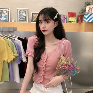 [DODO] 🌟พร้อมส่ง🌟เสื้อครอปแขนสั้นไหมพรมปาดไหล่/ใส่เป็นปาดไหล่ก็เกร๋（3478）
