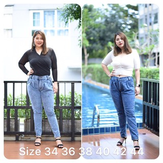 Plus Size เอว34-44” กางเกงยีนส์เอวสูง ทรงขนมจีบ ขายาว ถักเปียกระเป๋า2 ข้าง