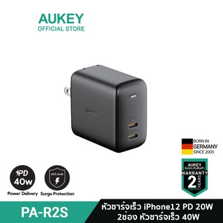 AUKEY PA-R2S หัวชาร์จเร็ว iPhone 14/13/12 Seriese SWIFT 40W Power Delivery Fast Charger Adapter จ่ายไฟ 20W + 20W PD รุ่น PA-R2S