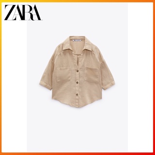 Zara ฤดูร้อน ใหม่ เสื้อผ้าผู้หญิง ไม่สมมาตร กุ๊น แขนสั้น ผ้าลินิน เสื้อเชิ้ตคอปก