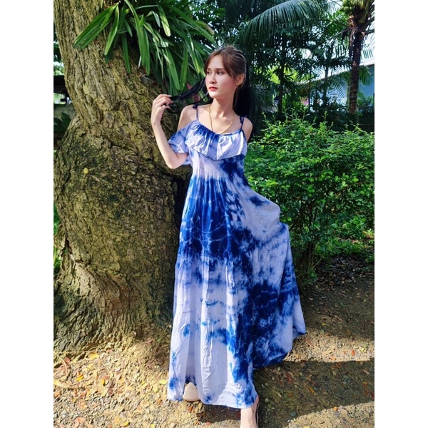 เดรสมัดย้อมสายเดี่ยวมีชายระบายเเขนทรงสวยเหมาะกับสาวอวบใส่สบาย