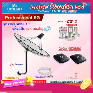 Thaisat C-Band 1.5M (ขางอ 100 cm.Infosat) + Infosat LNB C-Band 5G 2จุด รุ่น CG-2 + PSI S3 HYBRID 2 กล่อง+สายRG6 40 m.x2