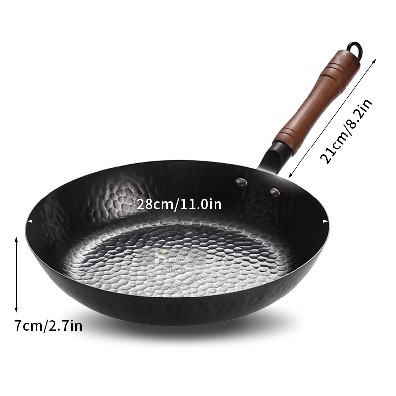 ►☏Konco Non-coated Cast Iron Wok Non-stick Pan Smokeless Fried Pan Cook Pots Kitchen Cookware Chef Pan Cooking Tools