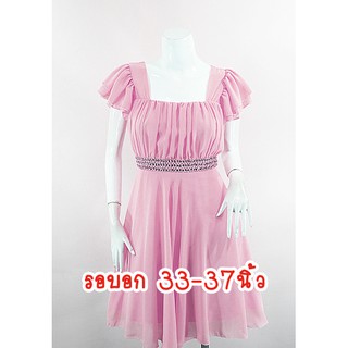 E1350-6-M-ชุดเดรสมีแขน(สาวอวบก็ใส่ได้ค่ะ) สีชมพูกลีบบัวอ่อนๆ ผ้าชีฟอง แขนระบาย2ชั้น ประดับเพชรใต้อก