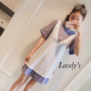 👗ชุดเดรสริ้วดีไซน์เก๋ มาพร้อมเสื้อคลุมผ้าถัก น่ารักๆ👗