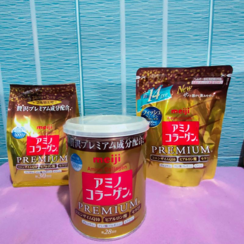 Meiji Amino Collagen premium เมจิ อะมิโน คอลลาเจน พรีเมียม สีทอง แบบเติม 214 g แบบกระปุก200g