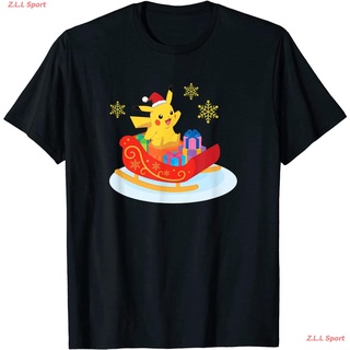 ผ้าฝ้ายคอกลมโปเกมอน พิคาชู เสื้อยืดพิมพ์ลายการ์ตูน Pokemon Christmas Pikachu Santa T-Shirt เสื้อผู้ชาย เสื้อยืดผู้หญิง เ