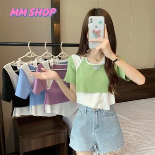 MM shop❤️#33039 พร้อมส่ง เสื้อยืด เสื้อแฟชั่นผู้หญิง แขนสั้น ไขว้คอ ปลายสามเหลี่ยม เสื้อครอป