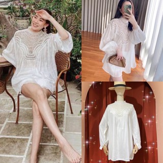 💫New💫(พร้อมส่ง)เสื้อตัวยาว คอตั้งบริเวณคอแต่งลูกไม้ฉลุ ใส่เป็นมินิเดรสได้