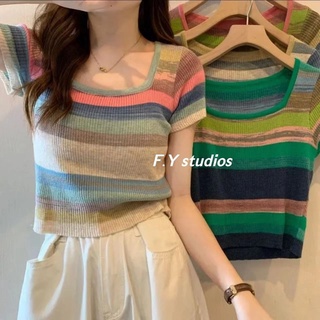 𝙁.𝙔 𝙨𝙩𝙪𝙙𝙞𝙤𝙨 🌸(พร้อมส่ง‼️)🌸NO.196 เสื้อยืดแขนสั้น คอสี่เหลี่ยม ผ้าถัก เข้ารูป ลายทาง สีสันสดใส สําหรับผู้หญิง