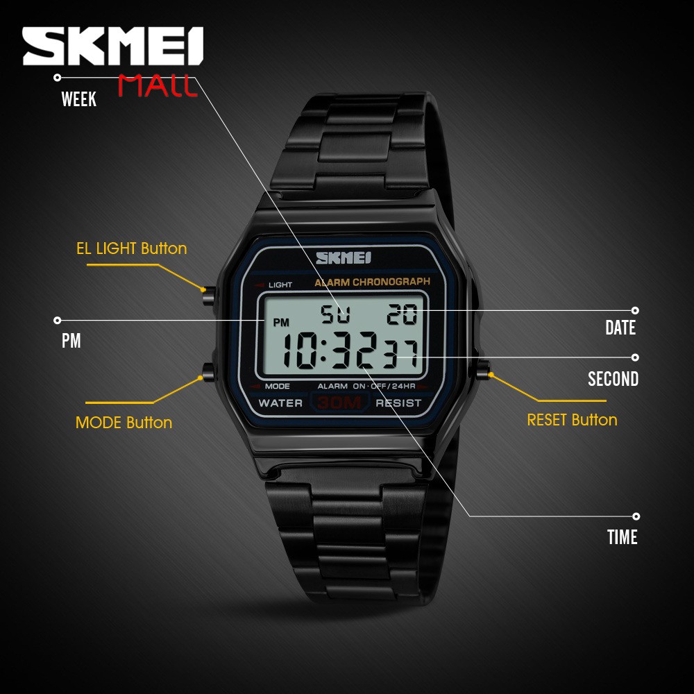 Skmei 1123 นาฬิกาข้อมือดิจิทัล สายโลหะ สไตล์คลาสสิก แฟชั่นสําหรับผู้ชาย ผู้หญิง
