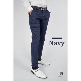 กางเกงสแลคชายขายาว ผ้ายืด Slim-fit กระบอกเล็ก สีกรม Navy ไซส์ 28-42 by Nammon