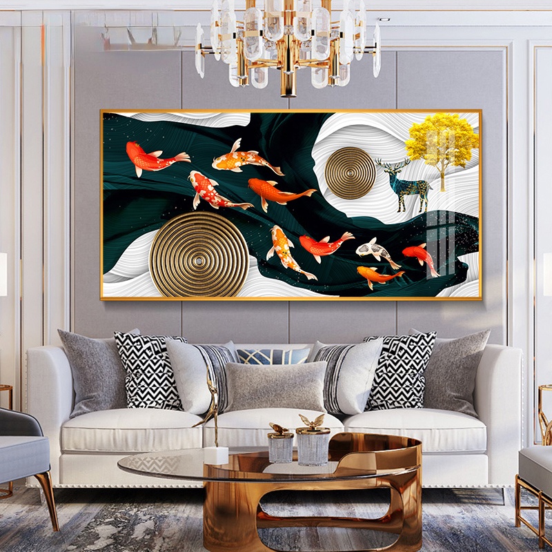 ตกแต่งบ้าน ให้น่าอยู่ ตกแต่งบ้านห้องนั่งเล่นโชคดีปลาภาพวาด ความละเอียดสูง ผ้าใบพิมพ์ตกแต่งผนังภาพไม่มีกรอบ ราคาถูก