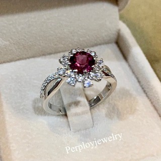 PerployJewelry แหวนเงินแท้ชุบทองคำขาวฝังโรโดไลท์(Rhodolite)