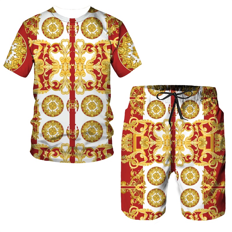 เสื้อยืดแขนสั้น พิมพ์ลาย 3 มิติ สีทอง สไตล์ฮิปฮอป เรโทร เหมาะกับฤดูร้อน สําหรับผู้ชาย 2 ชิ้น - รูปที่ 2