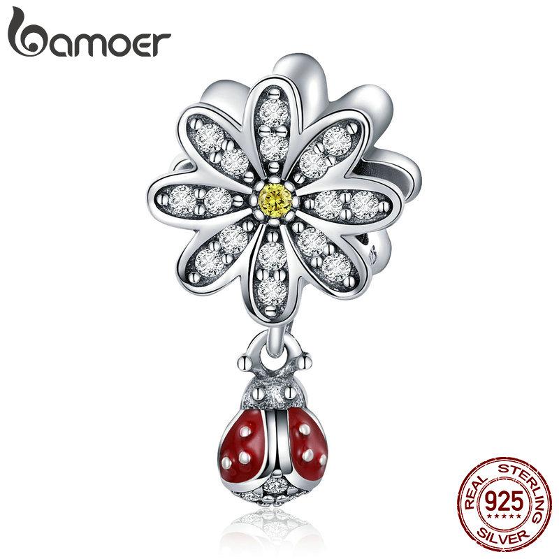 BAMOER Pendant Charms fit Bracelet Necklace DIY Trendy 925 Sterling Silver CZ Daisy Flower Ladybug SCC727