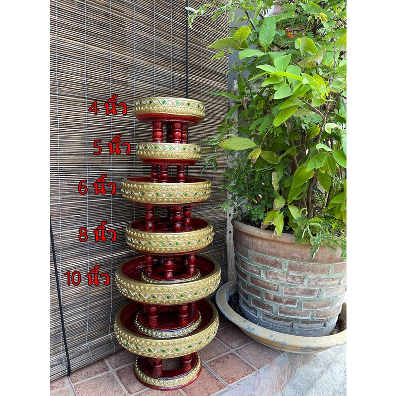 ขันโตก ไม้จามจุรี พานไม้ ขนาด 4 5 6 8 10 นิ้ว ขันโตก พาน ลายหนอนรุ่นทองเยอะ เดินเส้นประดับกระจกหลากสี สีแดงโบราณ