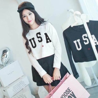 รหัสสินค้า PA1159 ขาว เสื้อครอปแฟชั่น คอกลม แขนยาว ลาย USA สีขาว