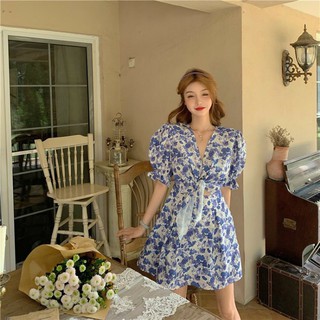 พร้อมส่ง 💙 Bowy blue dress มินิเดรส เดรสลายดอก