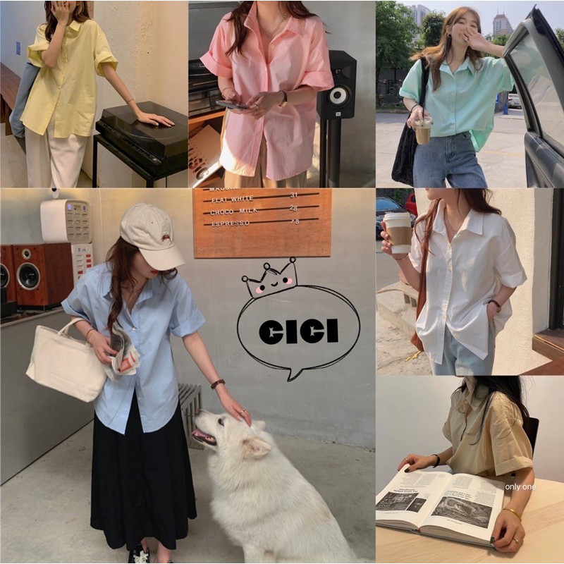 ส่งทันที Cici(NO. 961)เสื้อเชิ้ตแขนสั้นพับแขนได้ กระดุมหน้า สีพื้นคอปก เชิ้ตสไตล์เกาหลี