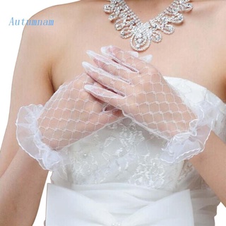 Autu ถุงมือสั้น ผ้าลูกไม้ ลายสก๊อต ประดับเพชร หรูหรา สําหรับผู้หญิง งานแต่งงาน