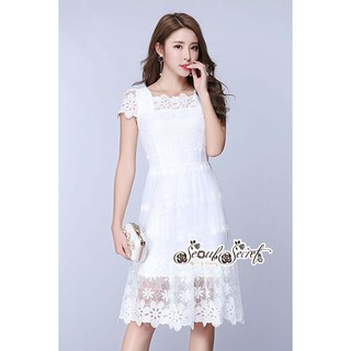 Lady White Lace Vent Dress Western Style