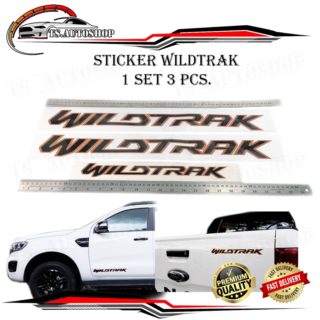 สติ๊กเกอร์"sticker WILDTRAK ติด Ford Ranger 2021 สีเทาดำขอบส้ม 1 ชุด 3 ชิ้น