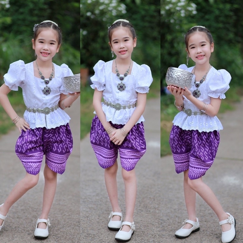 คอจีนแขนยาวไล่สี เสื้อคอจีน ชุดไทยแขนตุ๊กตา ชุดไทยโจงกระเบน ชุดไทยเด็กผู้หญิง ชุดไทยเด็กราคาถูก