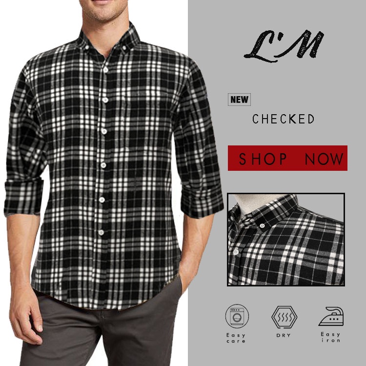 <LMOF15PER ลดสูงสด15% > เสื้อเชิ้ตสไตล์เกาหลี คุณภาพแบรนด์ดัง L'M men's style เสื้อเชิ้ต ผู้ชาย แขนยาว ลายสก็อต