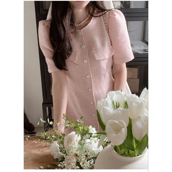 พร้อมส่ง2สี กรมท่าเข้ม ,ฟ้า เดรสสั้นผ้าทอ เดรสทำงาน D056